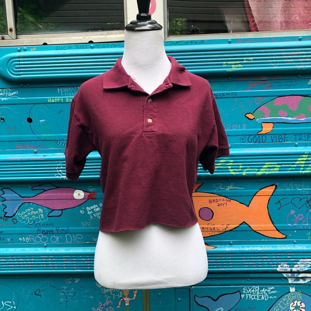 Crop Top Polo Maroon Crimson Size Small